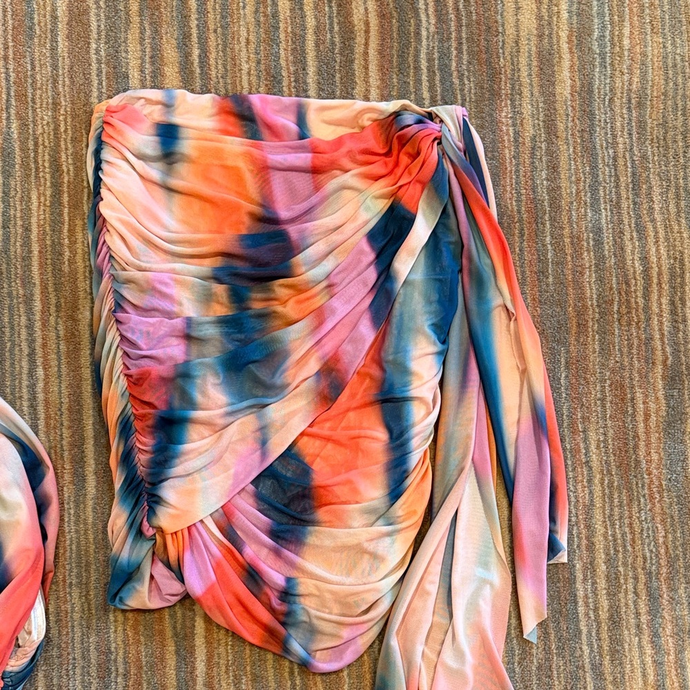 Vici Multi-Color Tie-Dye Ruched Mini Skirt — Coral, Pink & Navy